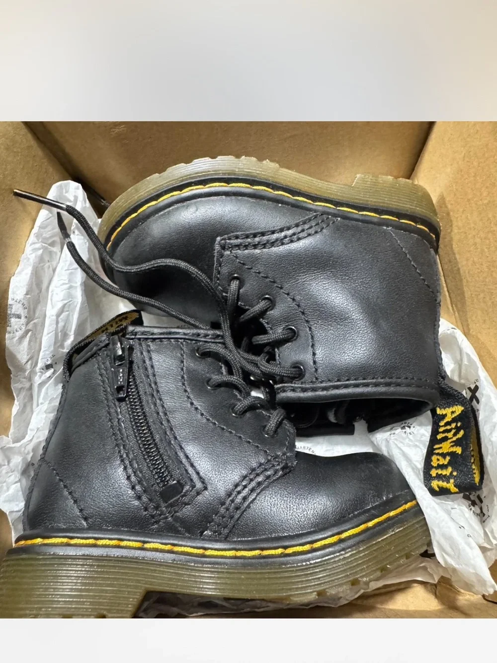 Dr. Martens Kids Black Leather Lace-Up Zip Boots with Yellow Stitching